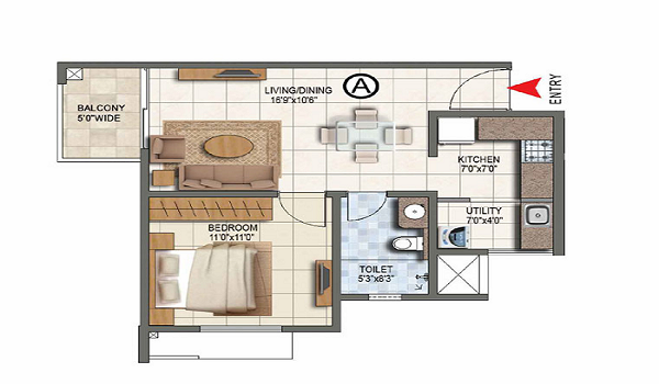 1 BHK floor plan of 600–800 sq. ft. at Prestige Kasavanahalli, Bengaluru
