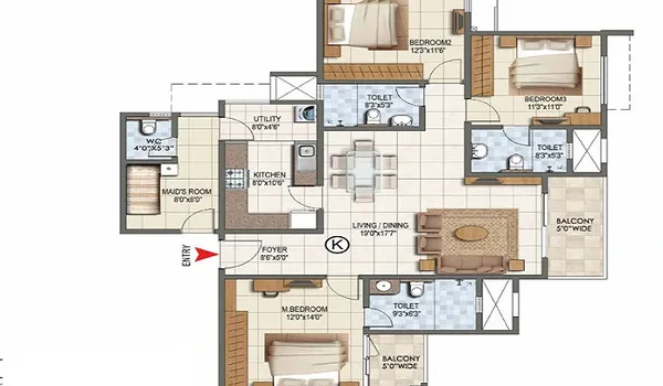 3 BHK floor plan of 1,749–2,240 sq. ft. at Prestige Kasavanahalli, Bengaluru
