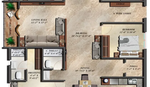 4 BHK floor plan of 2,569–2,597 sq. ft. at Prestige Kasavanahalli, Bengaluru
