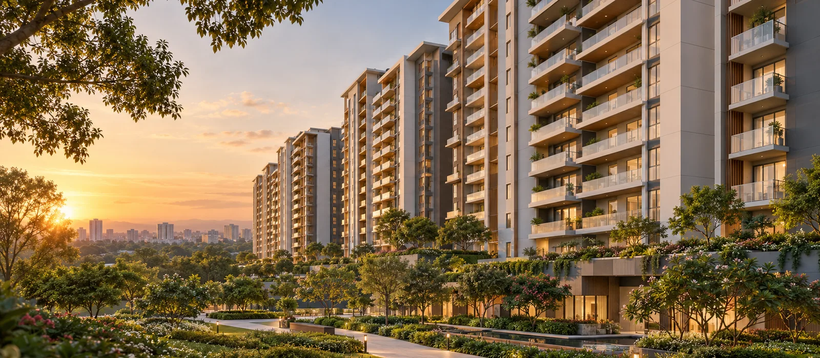 Aerial view of Prestige Kasavanahalli apartment towers and landscaped grounds, Kasavanahalli, Bengaluru