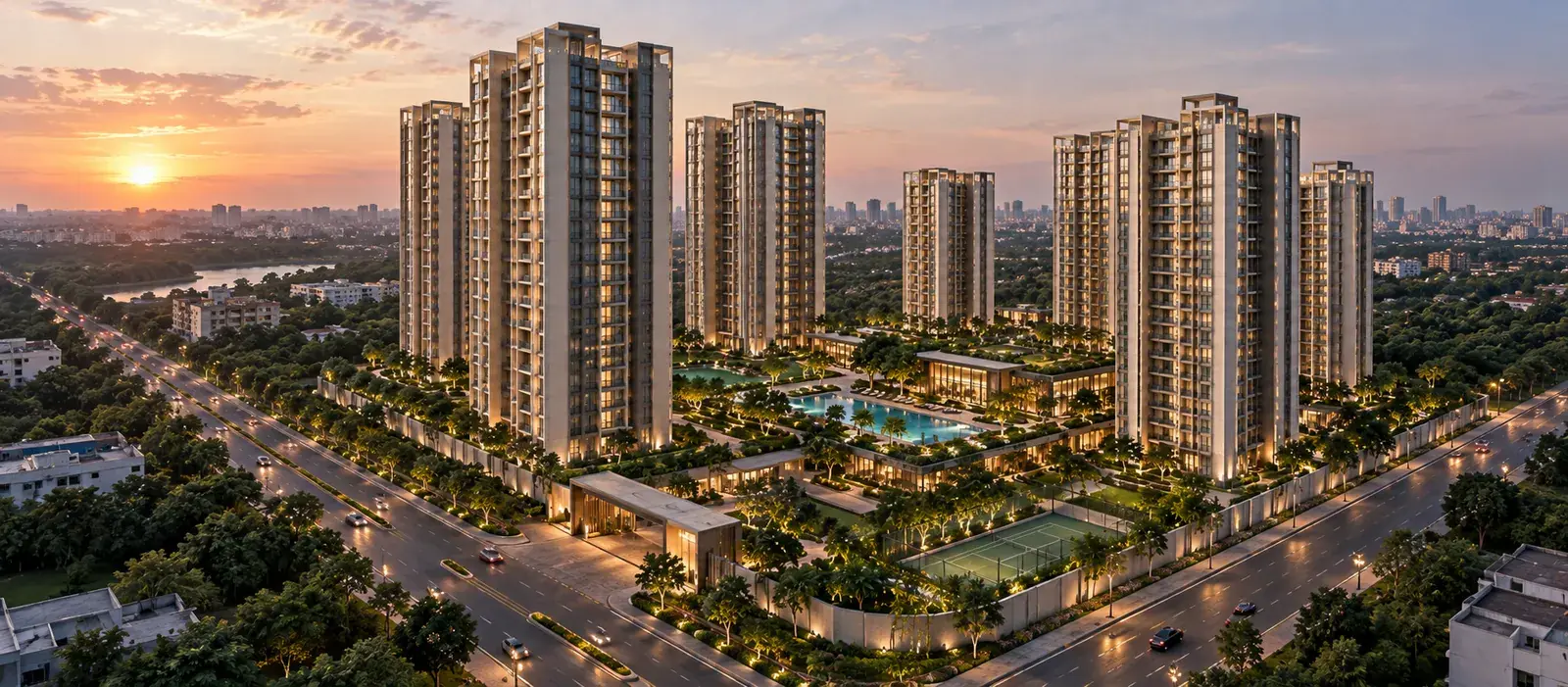 Central landscaped garden at Prestige Kasavanahalli, Bengaluru