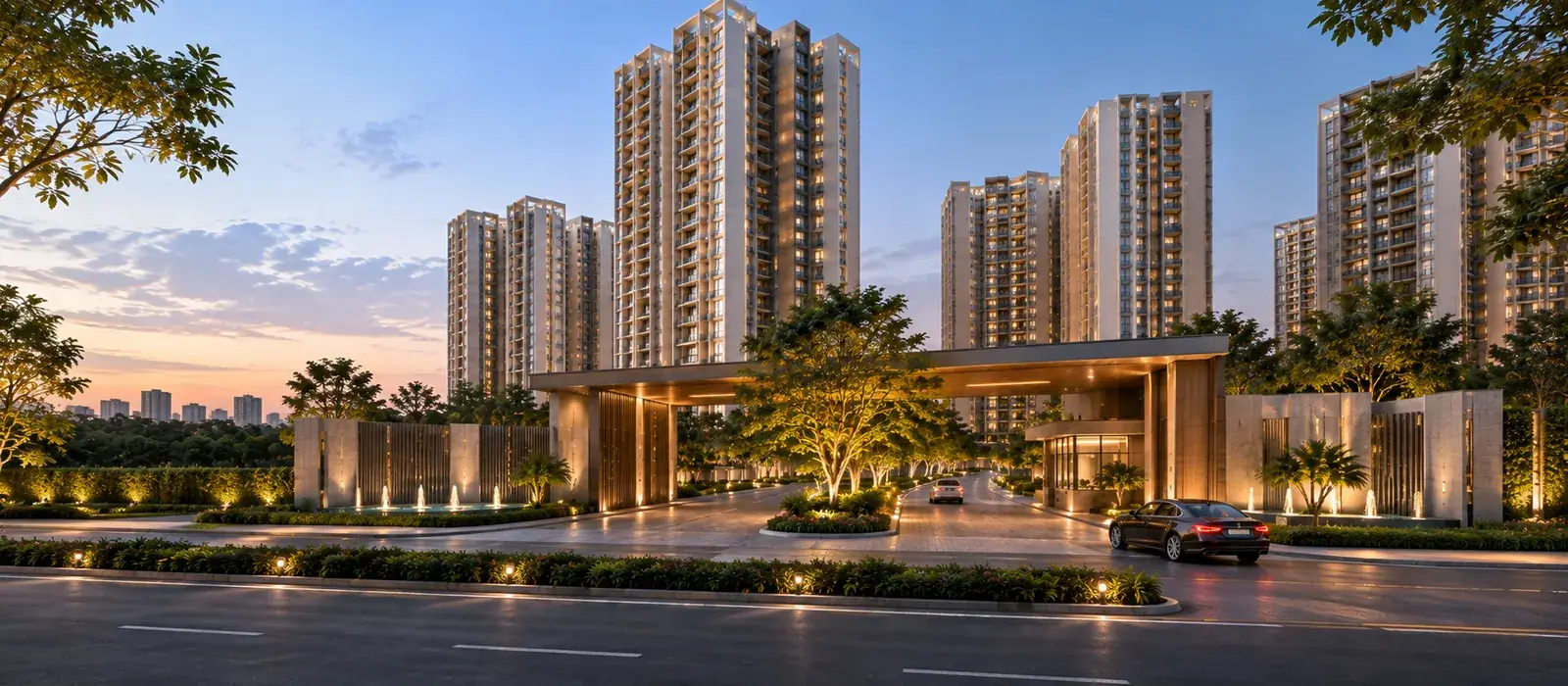 Landscaped arrival drive at Prestige Kasavanahalli, Bengaluru