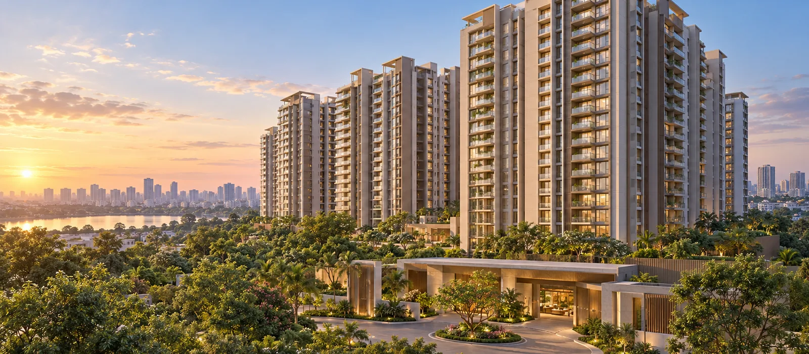 Prestige Kasavanahalli tower entrance and landscaped podium, Kasavanahalli, Bengaluru