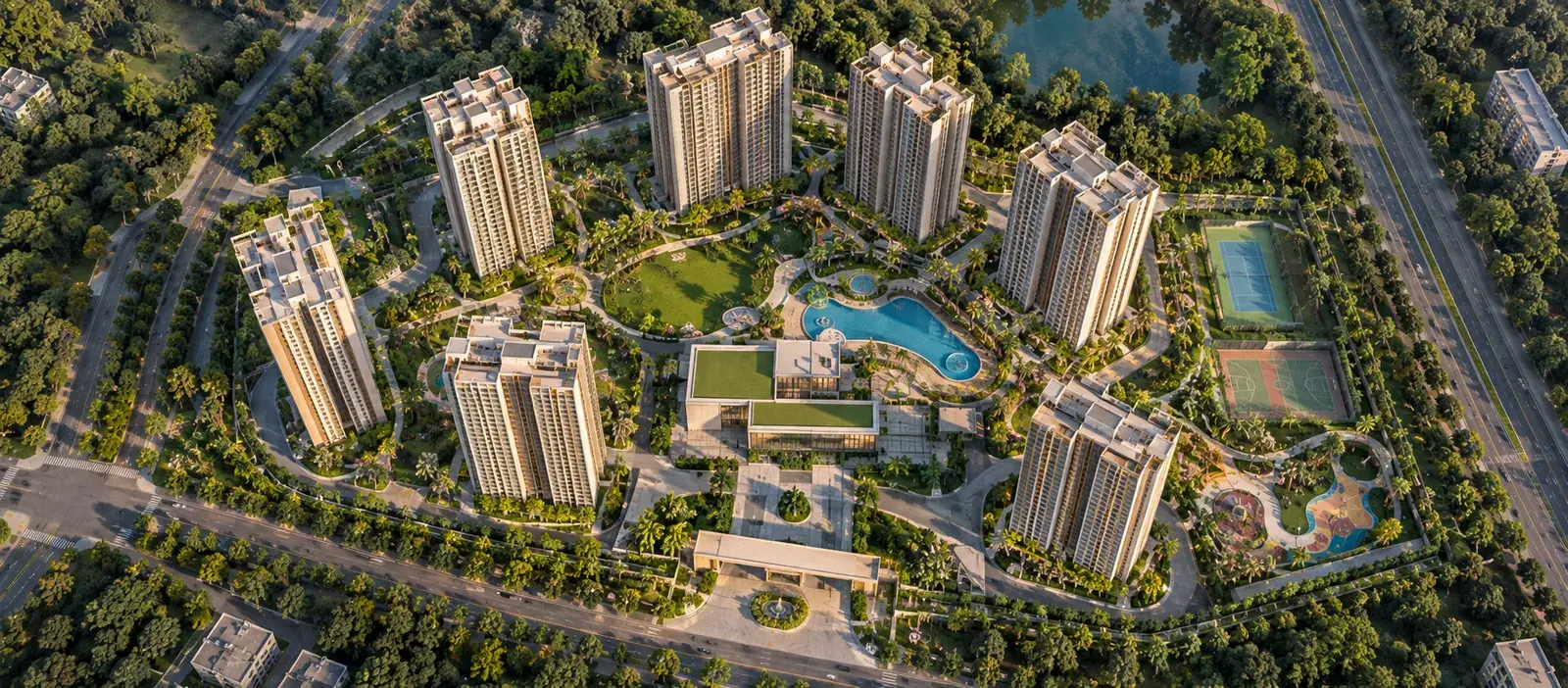 Clubhouse and landscaped plaza at Prestige Kasavanahalli, Bengaluru